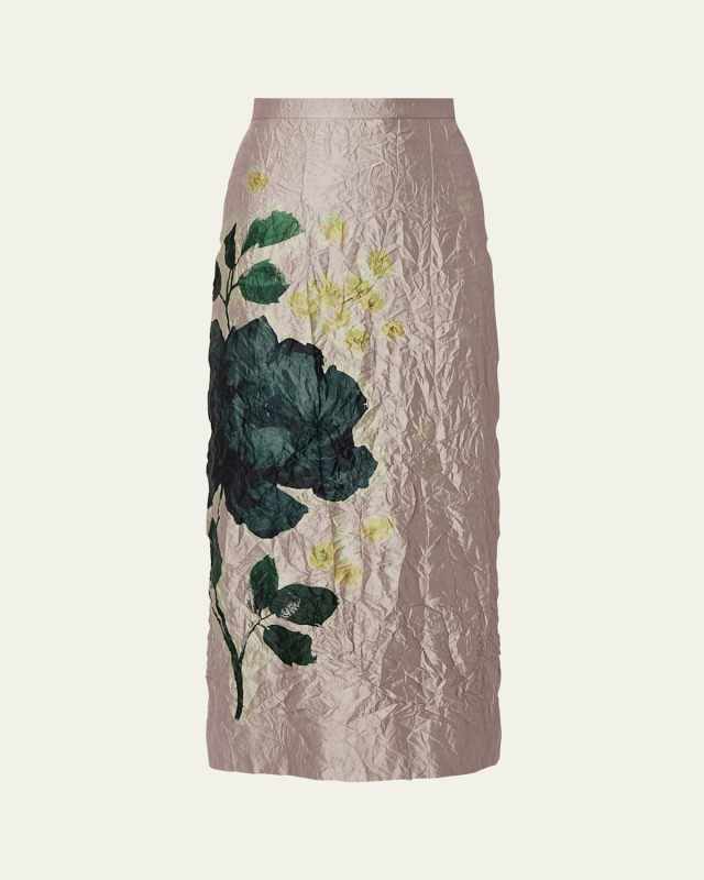 Floral Crinkle Pencil Midi Skirt